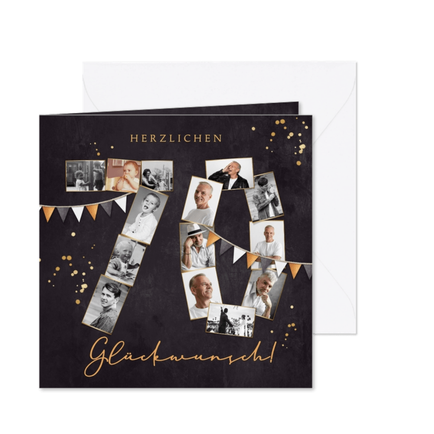Fotocollage Glückwunschkarte zum 70. Geburtstag Fähnchen - Karteneindruck