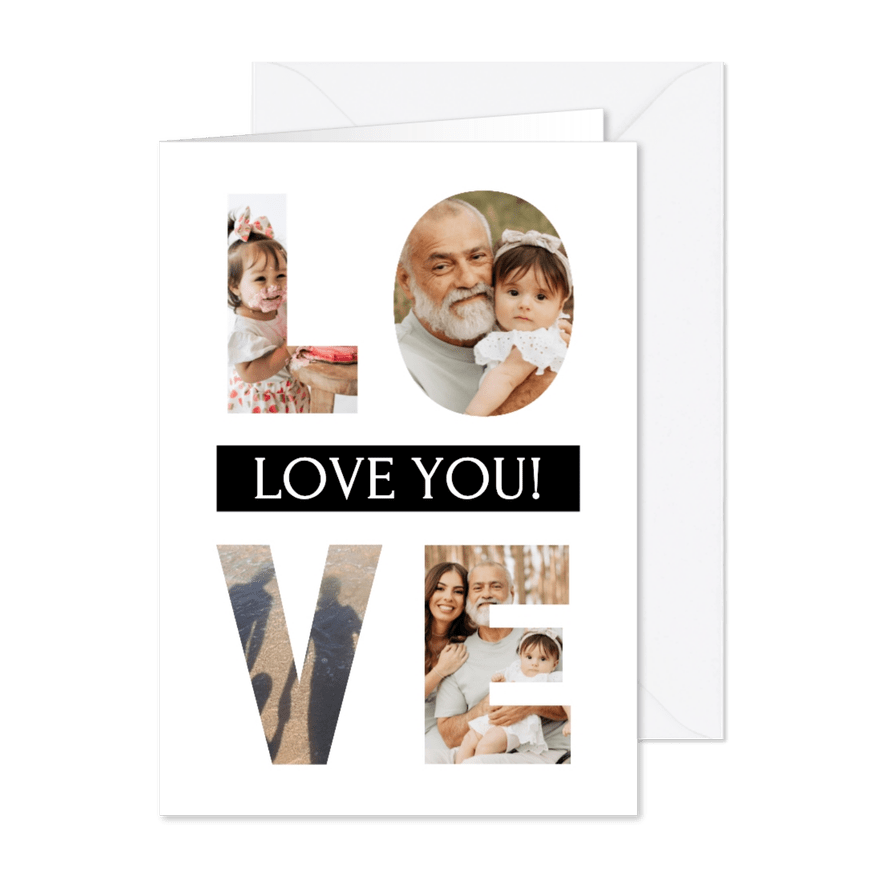Fotocollage Grußkarte Fotos in LOVE Buchstaben - Karteneindruck
