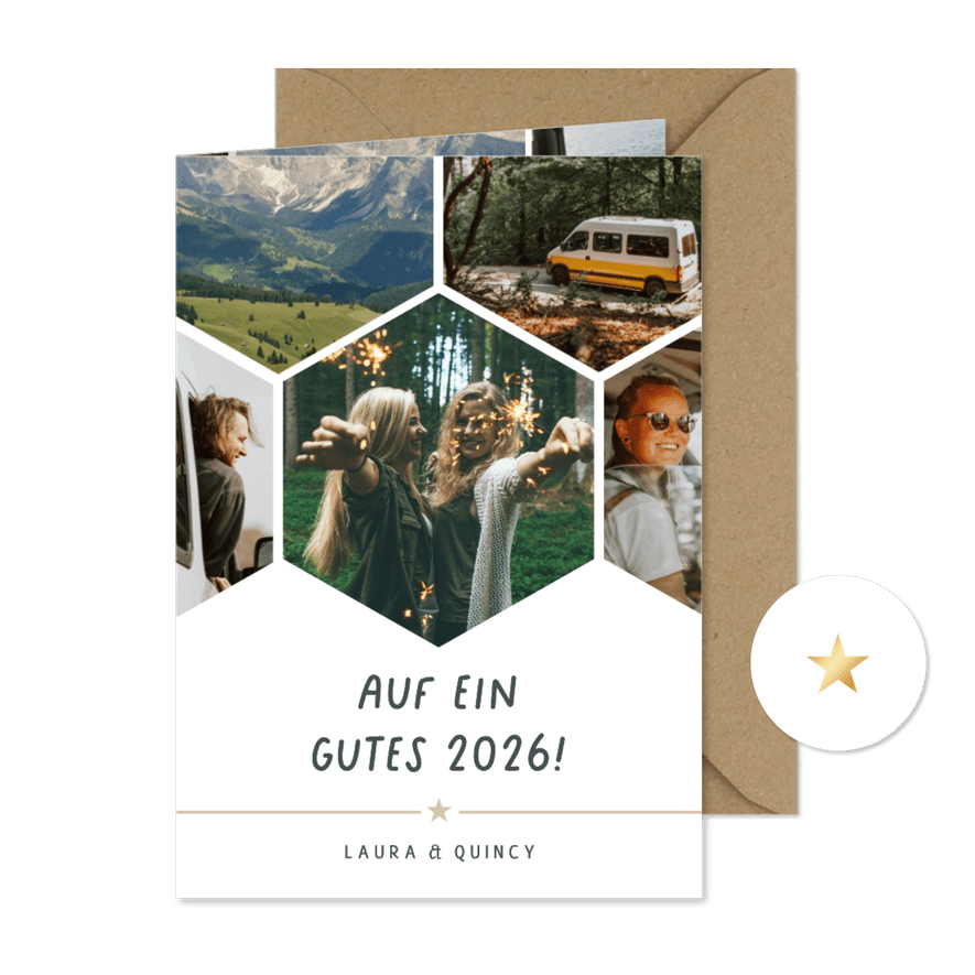 Fotocollage Hexagon Neujahrskarte 'Auf 2026' - Karteneindruck
