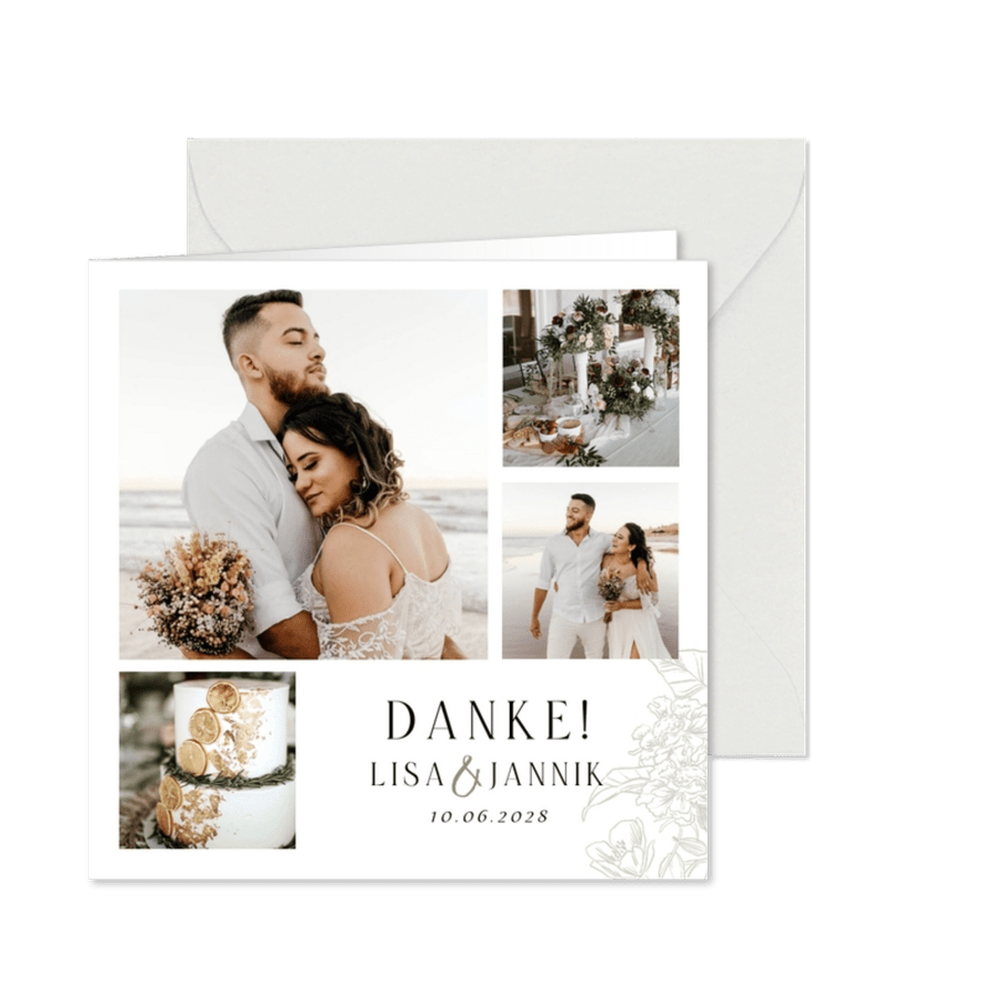 Fotocollage Hochzeitsfeier Blumendekor - Karteneindruck