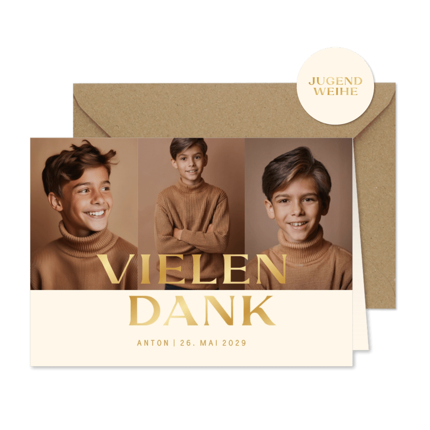 Fotocollage Jugendweihe schlicht Dankeskarte beige - Karteneindruck