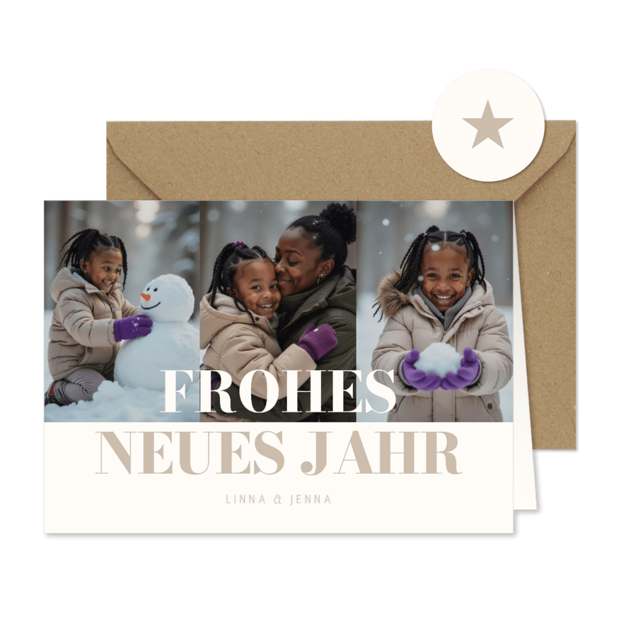 Fotocollage-Karte 'Frohes neues Jahr' 3 Fotos Beige - Kartenvorschau