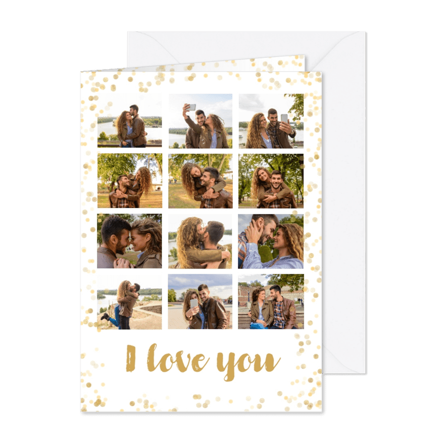 Fotocollage Karte I love you mit 12 Fotos & Konfetti Rahmen - Karteneindruck
