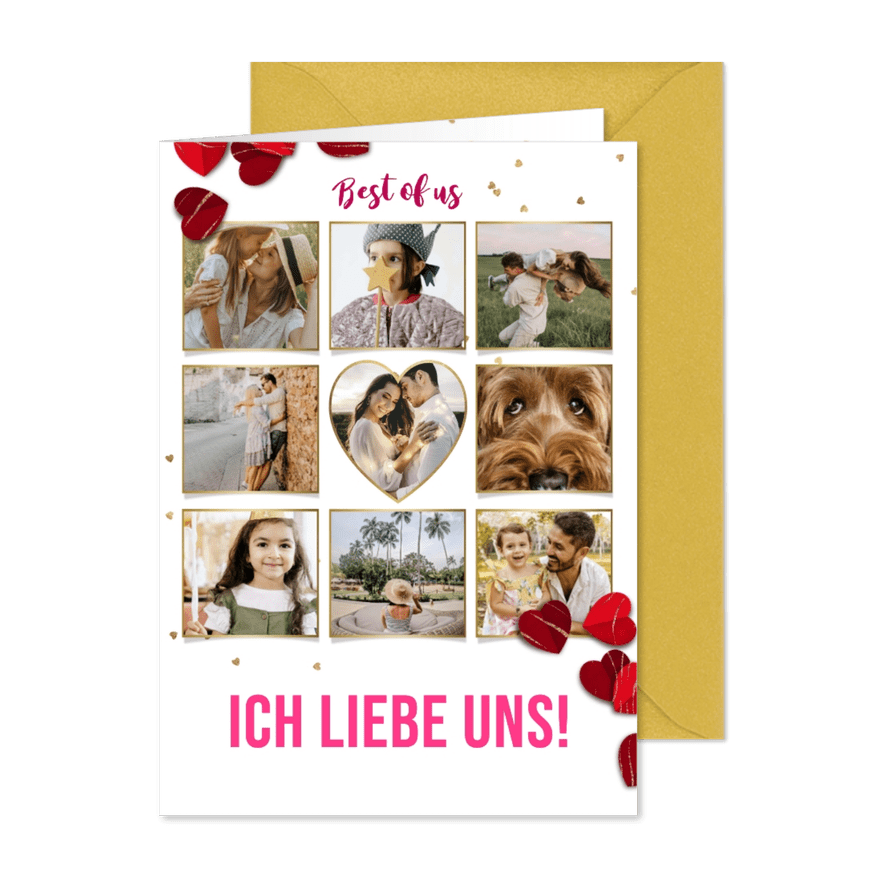 Fotocollage-Karte 'Ich liebe uns!' mit roten Herzen - Karteneindruck