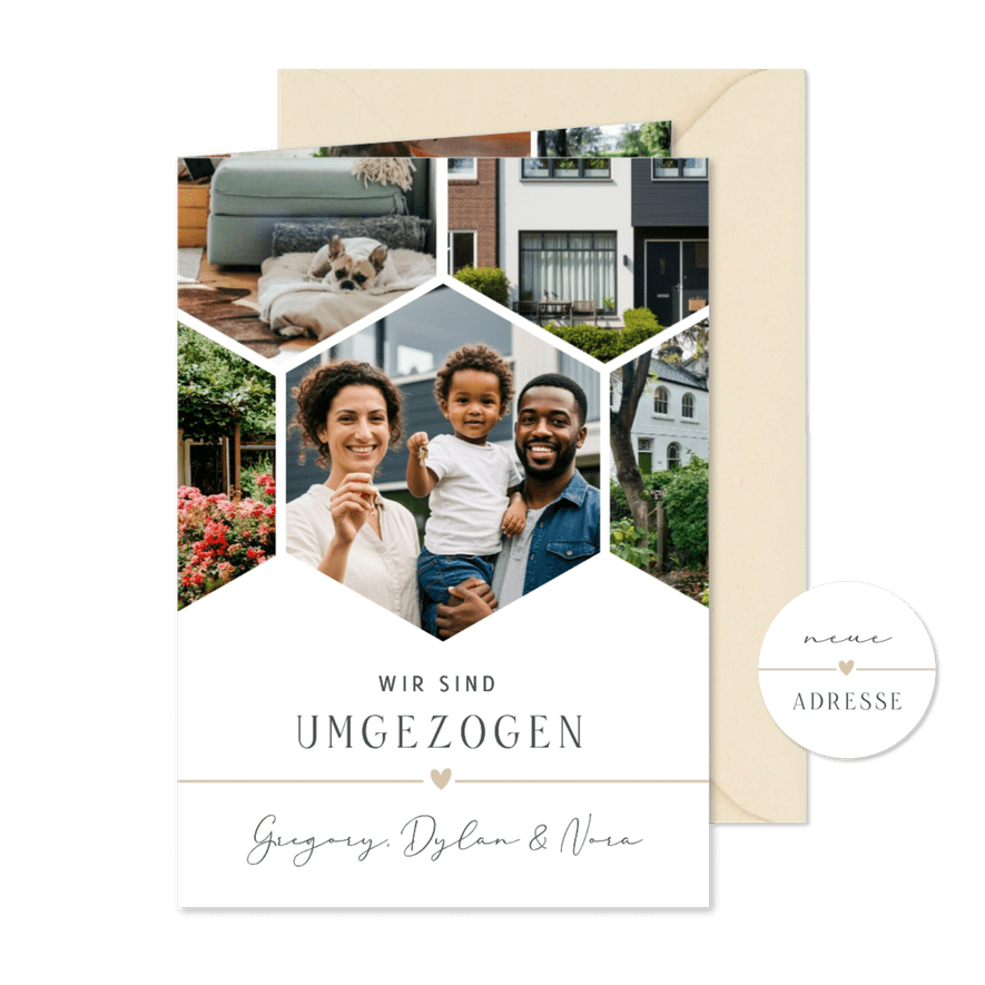 Fotocollage Karte Umzug Sechsecke - Karteneindruck

