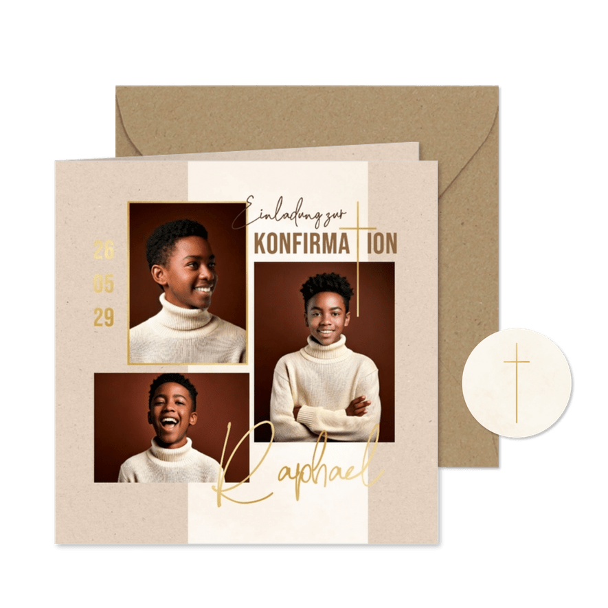 Fotocollage Konfirmation Einladung Papierstruktur beige - Kartenvorschau