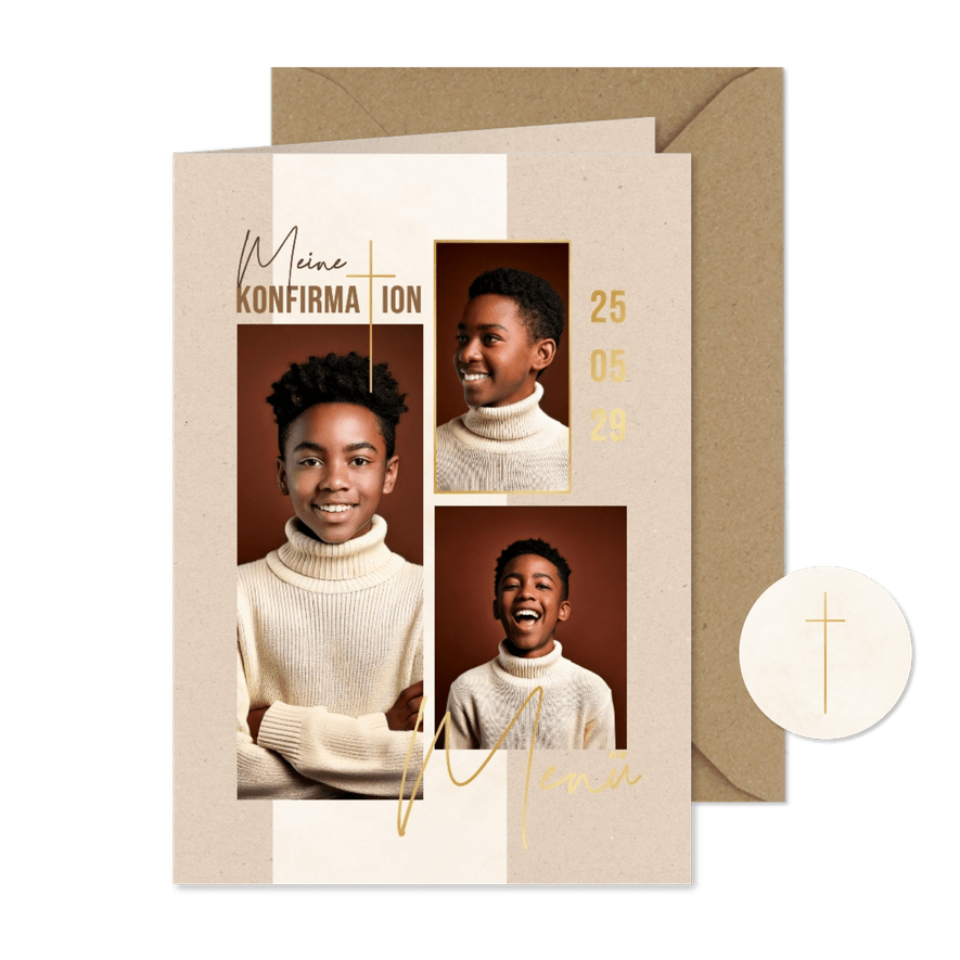Fotocollage Menükarte Konfirmation Papierstruktur beige - Karteneindruck