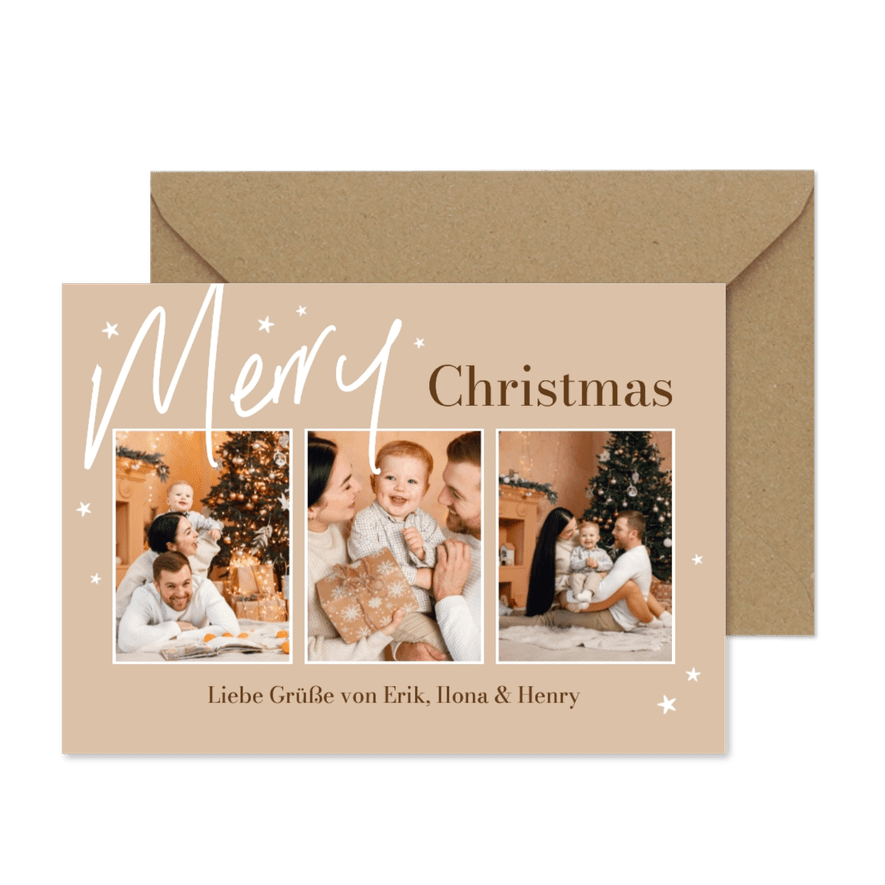Fotocollage Merry Christmas braun weiße Sterne 3 Fotos - Karteneindruck