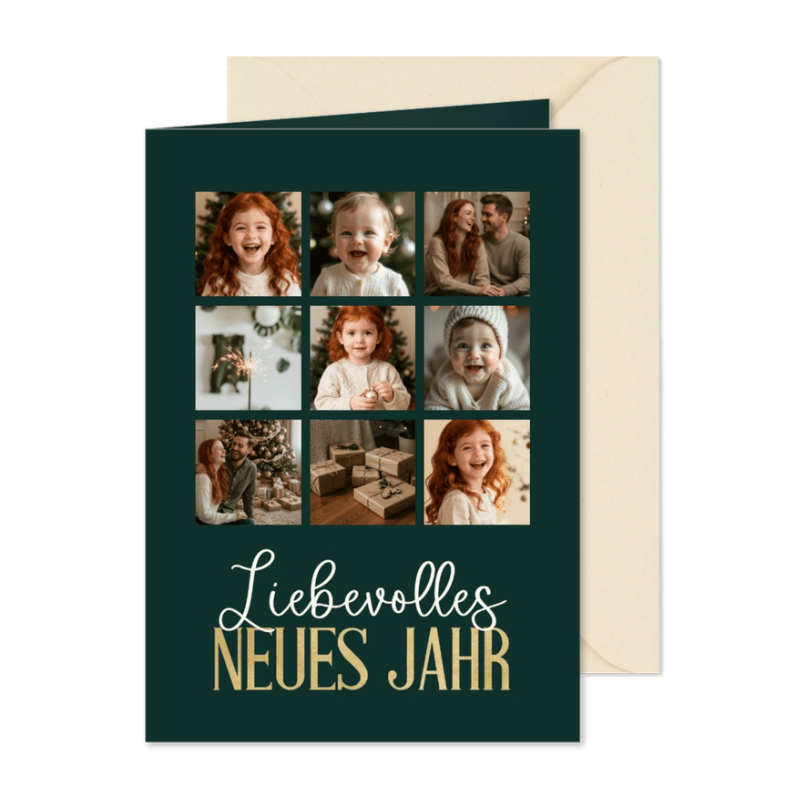 Fotocollage Neujahrskarte 9 Fotos Grid dunkelgrün - Karteneindruck
