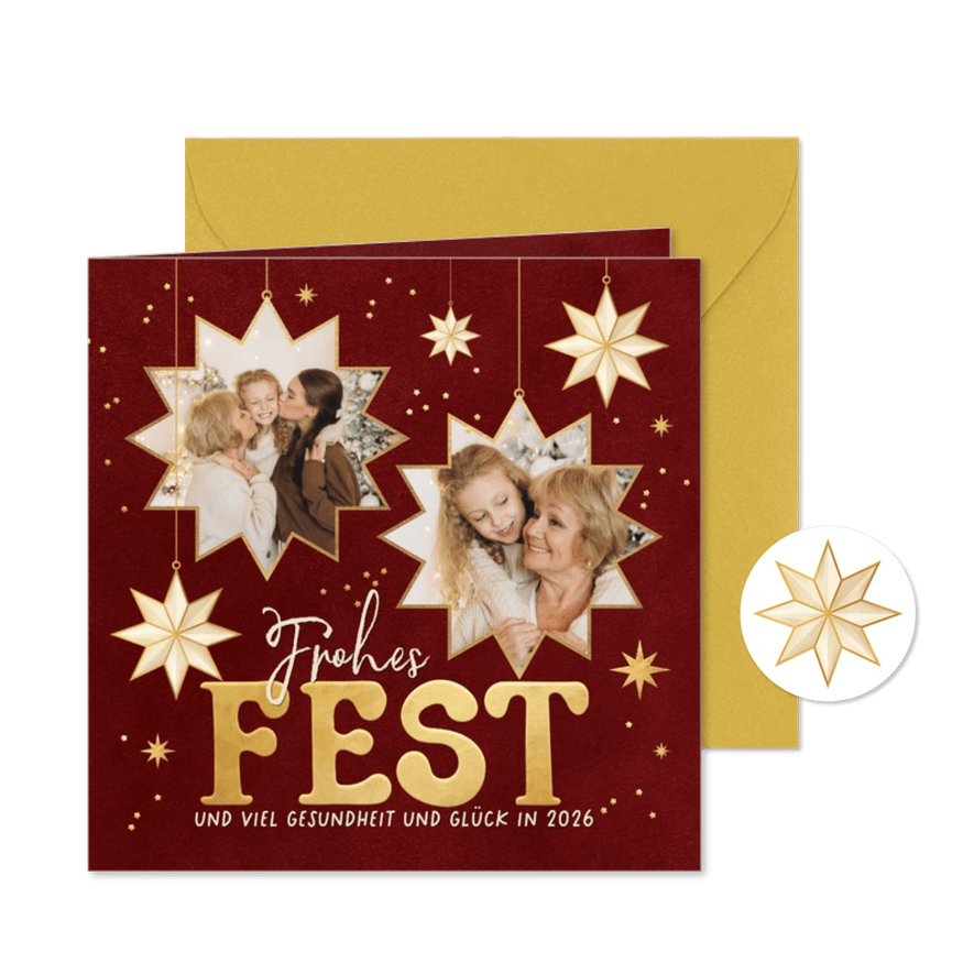 Fotocollage Sterne Weihnachten Frohes Fest dunkelrot - Karteneindruck
