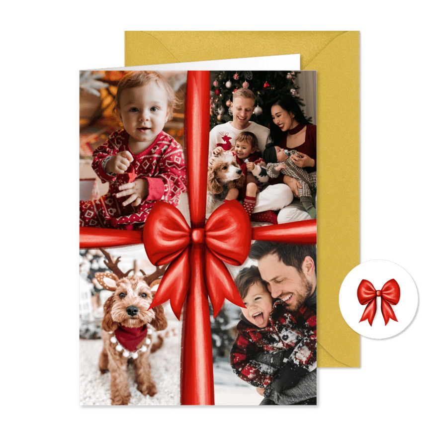 Fotocollage Weihnachten rote Schleife vier Fotos - Karteneindruck
