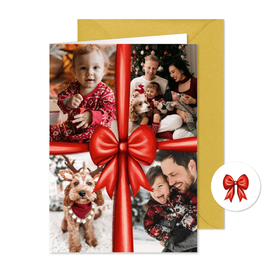 Fotocollage Weihnachten rote Schleife vier Fotos - Karteneindruck