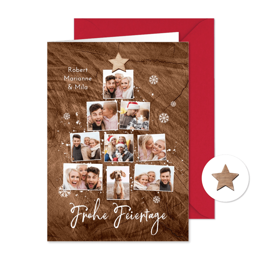 Fotocollage Weihnachtsbaum mit Stern in Holzoptik  - Karteneindruck
