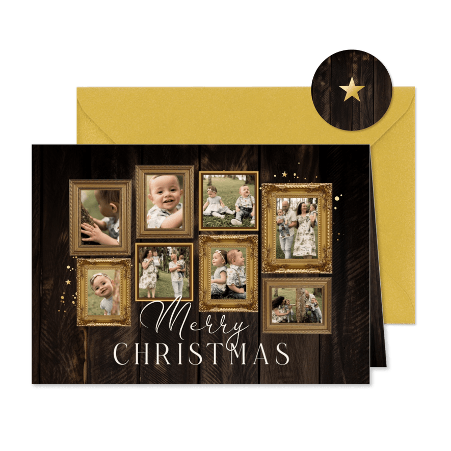 Fotocollage Weihnachtskarte Bilderrahmen auf Holz - Karteneindruck
