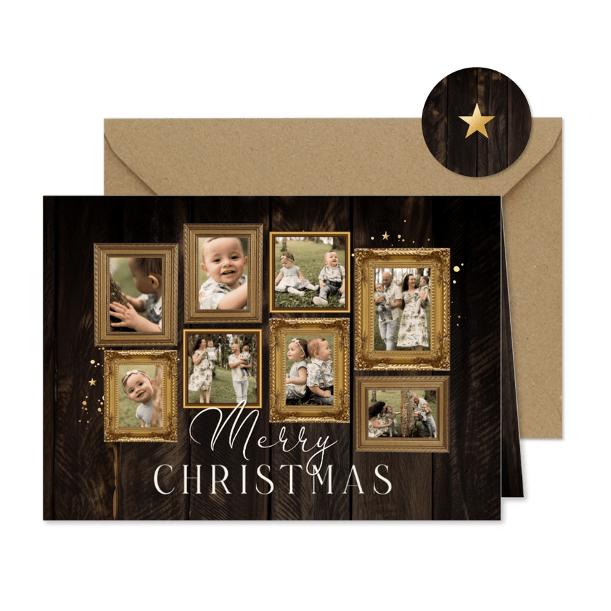 Fotocollage Weihnachtskarte Bilderrahmen auf Holz - Karteneindruck
