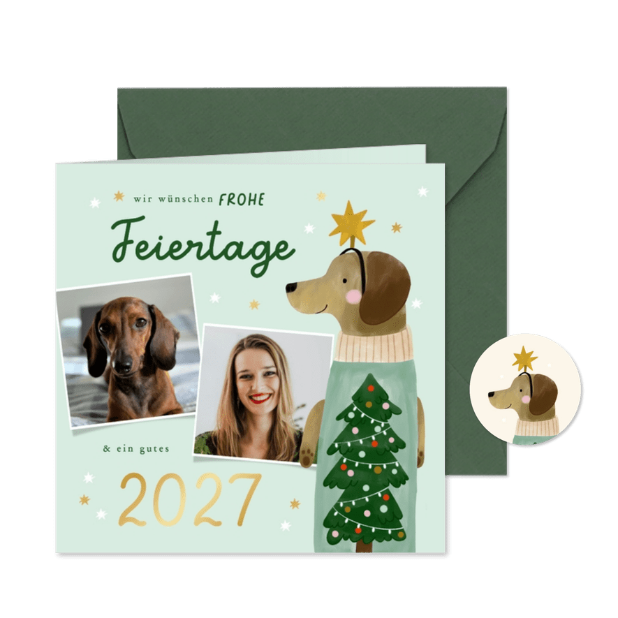 Fotocollage Weihnachtskarte Dackel mit Pulli und Haarreif - Kartenvorschau