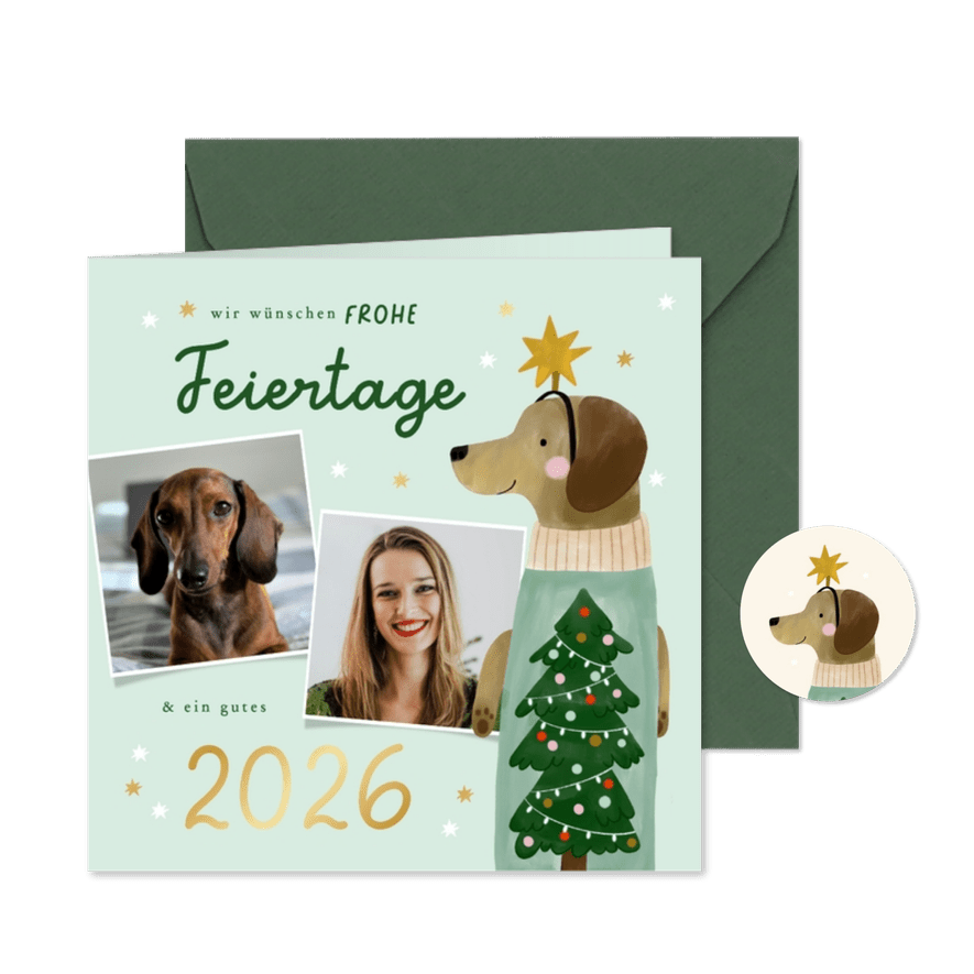 Fotocollage Weihnachtskarte Dackel mit Pulli und Haarreif - Karteneindruck
