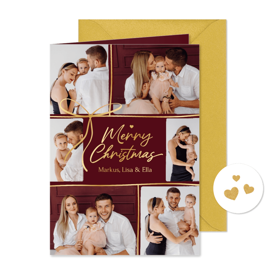 Fotocollage Weihnachtskarte dunkelrot Goldschleife - Karteneindruck