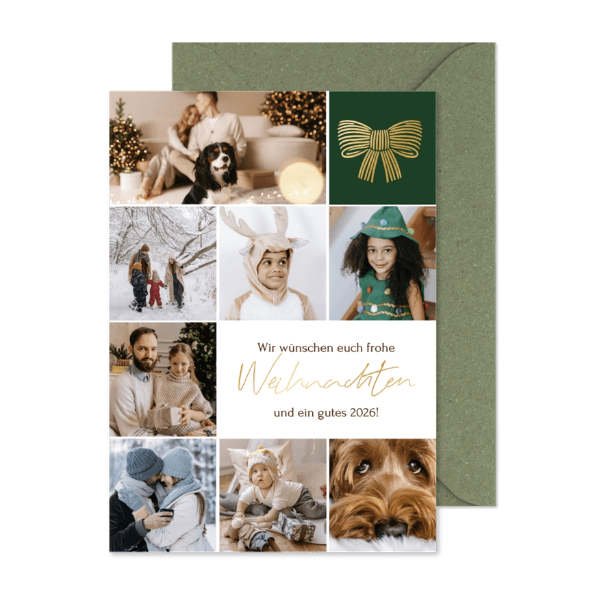 Fotocollage Weihnachtskarte goldene Schleife auf Grün - Kartenvorschau