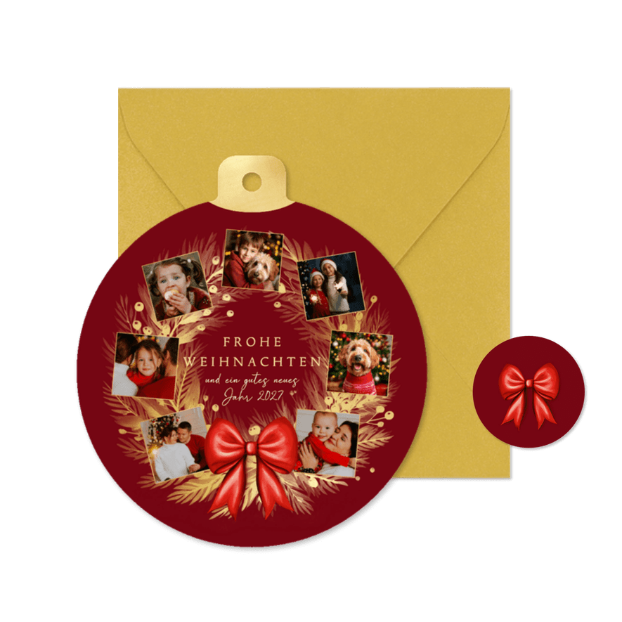 Fotocollage-Weihnachtskarte Weihnachtskranz in Kugel-Form - Kartenvorschau