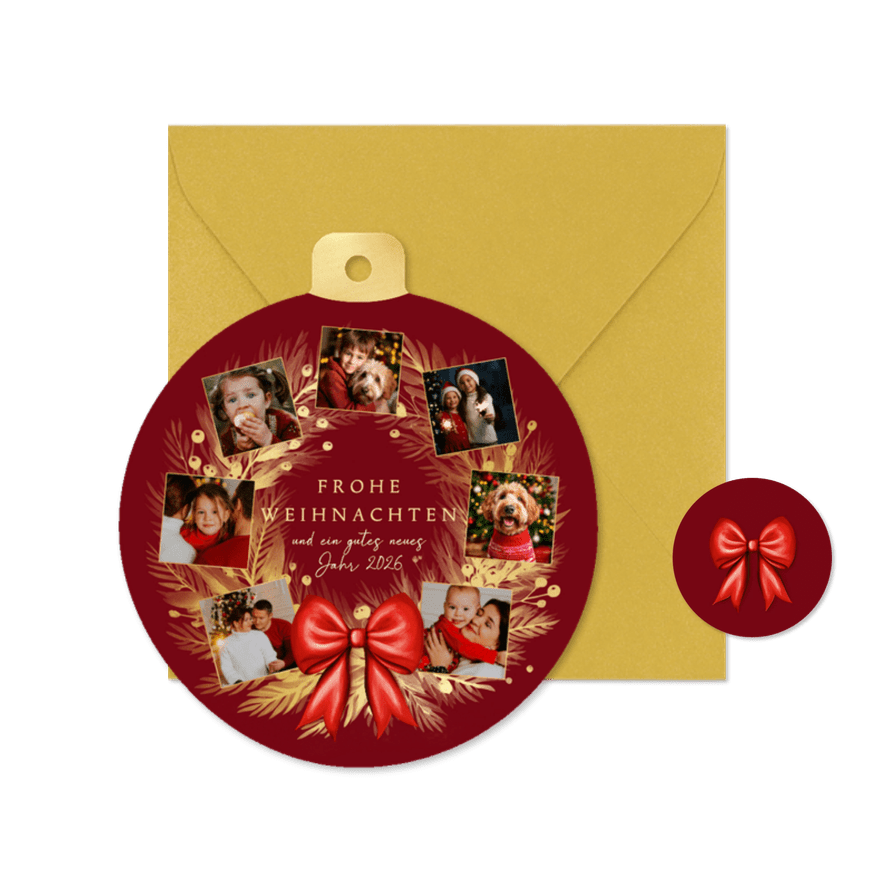 Fotocollage-Weihnachtskarte Weihnachtskranz in Kugel-Form - Karteneindruck
