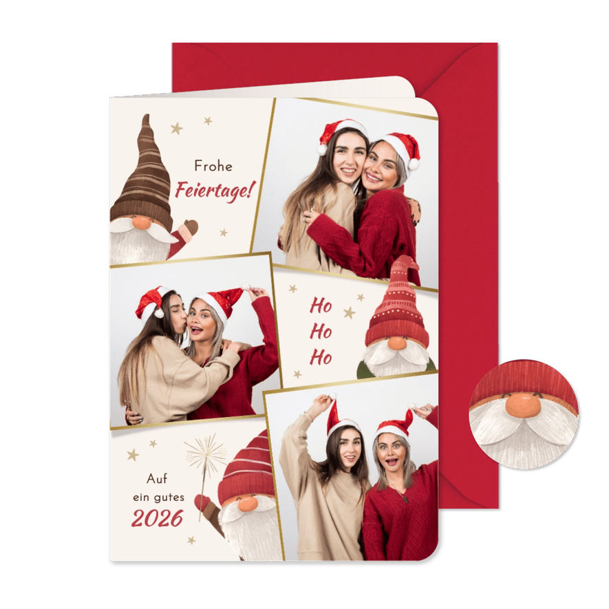Fotocollage Weihnachtskarte Wichtel mit Mützen - Karteneindruck
