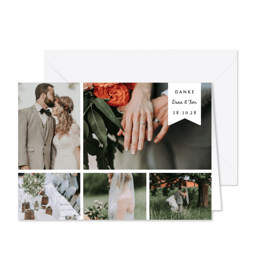Fotocollage zur Hochzeit 'Danke' - Karteneindruck
