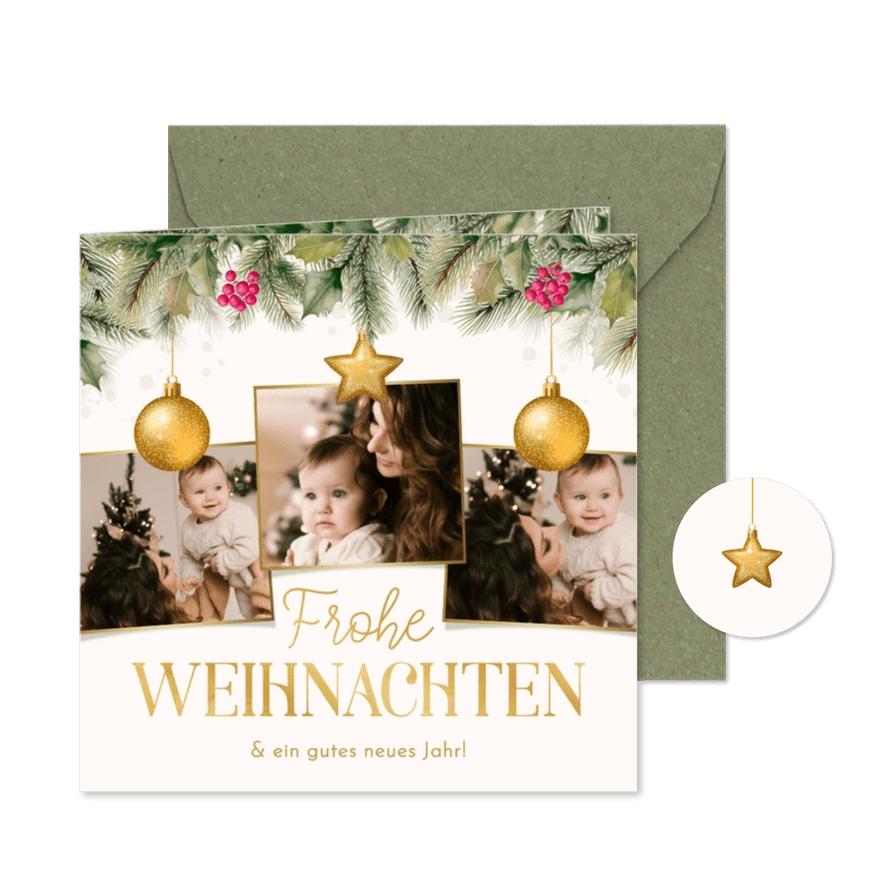 Fotocollagekarte Weihnachten Ilexzweige Christbaumkugeln - Karteneindruck