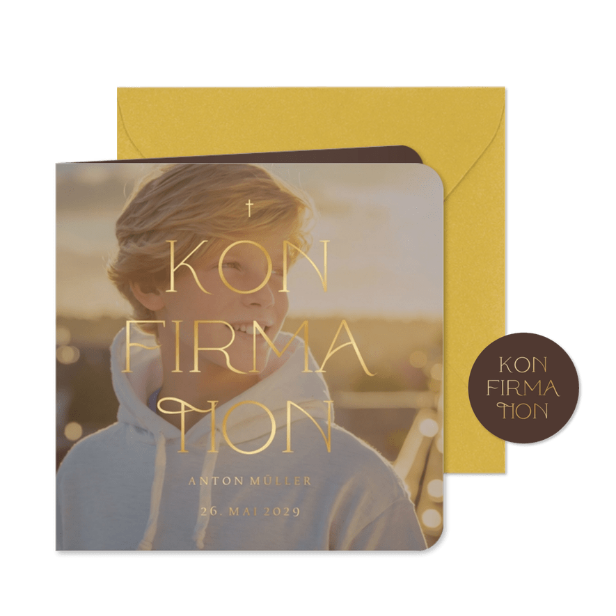 Fotoeinladung Konfirmation elegante Goldschrift - Karteneindruck