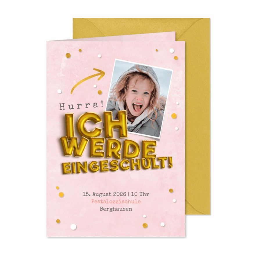 Fotoeinladung rosa Einschulung Folienballons - Karteneindruck