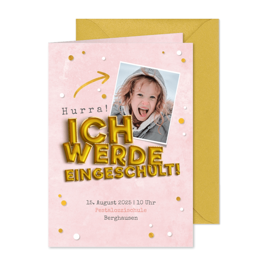 Fotoeinladung rosa Einschulung Folienballons - Karteneindruck