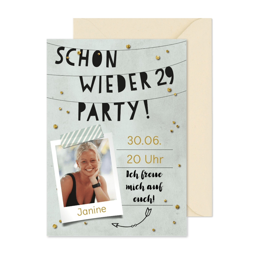 Fotoeinladung Schon wieder 29 Party - Karteneindruck
