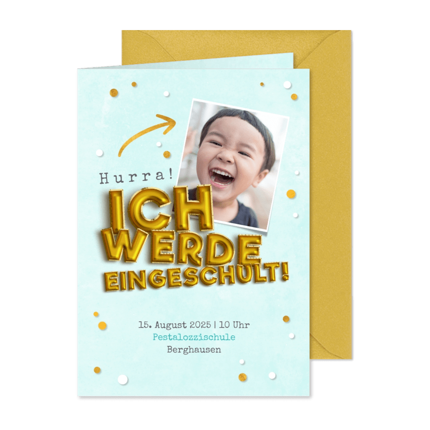 Fotoeinladung türkis Einschulung Folienballons - Karteneindruck