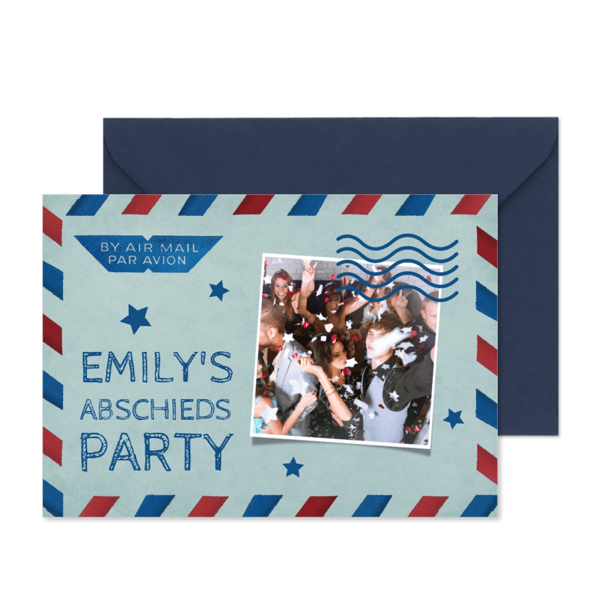 Fotoeinladung zur Abschiedsparty Air Mail - Karteneindruck