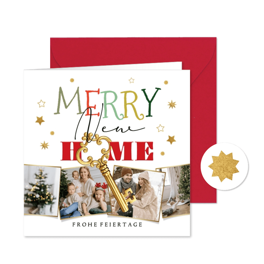 Fotogrußkarte 'Merry New Home' Schlüssel & Fotocollage - Karteneindruck