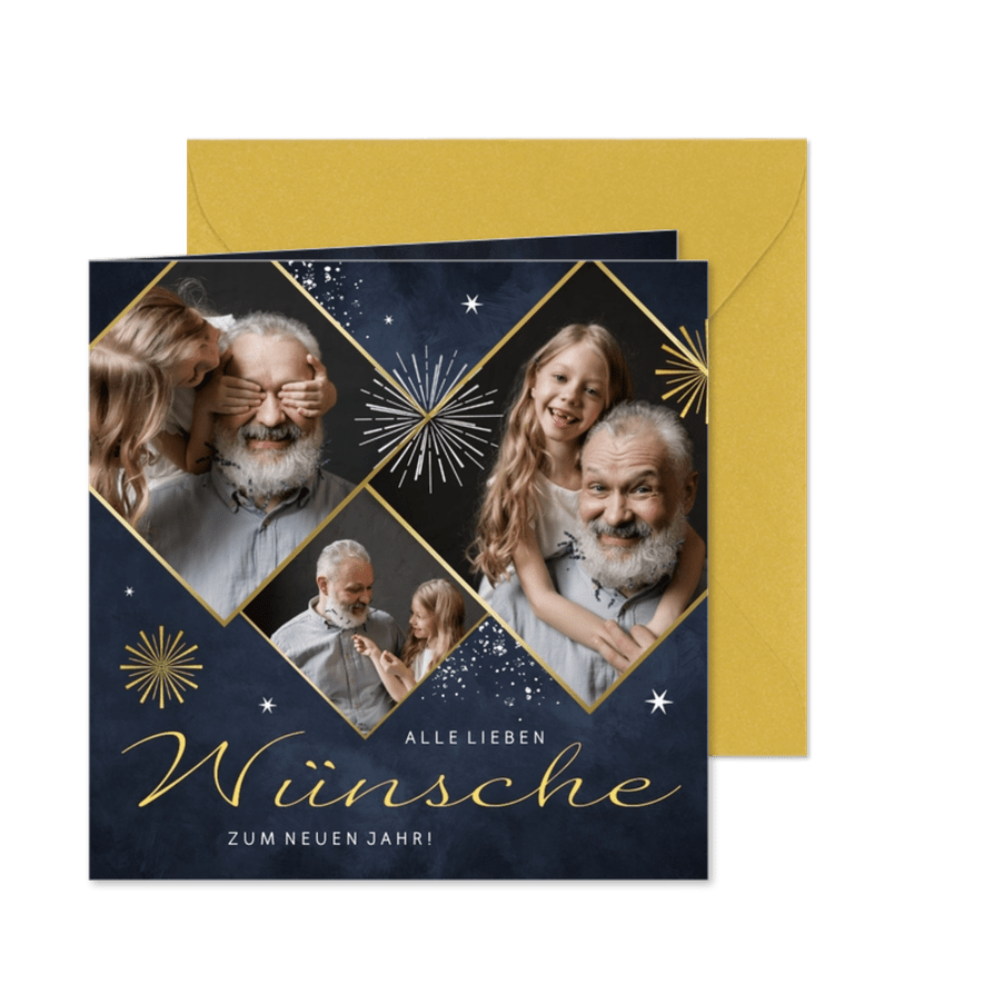 Fotogrußkarte Rautenfotos mit Feuerwerk - Karteneindruck