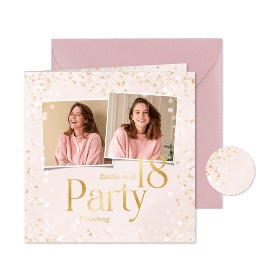 Fotokarte 18. Geburtstag Einladung zur Party Gold Konfetti - Karteneindruck