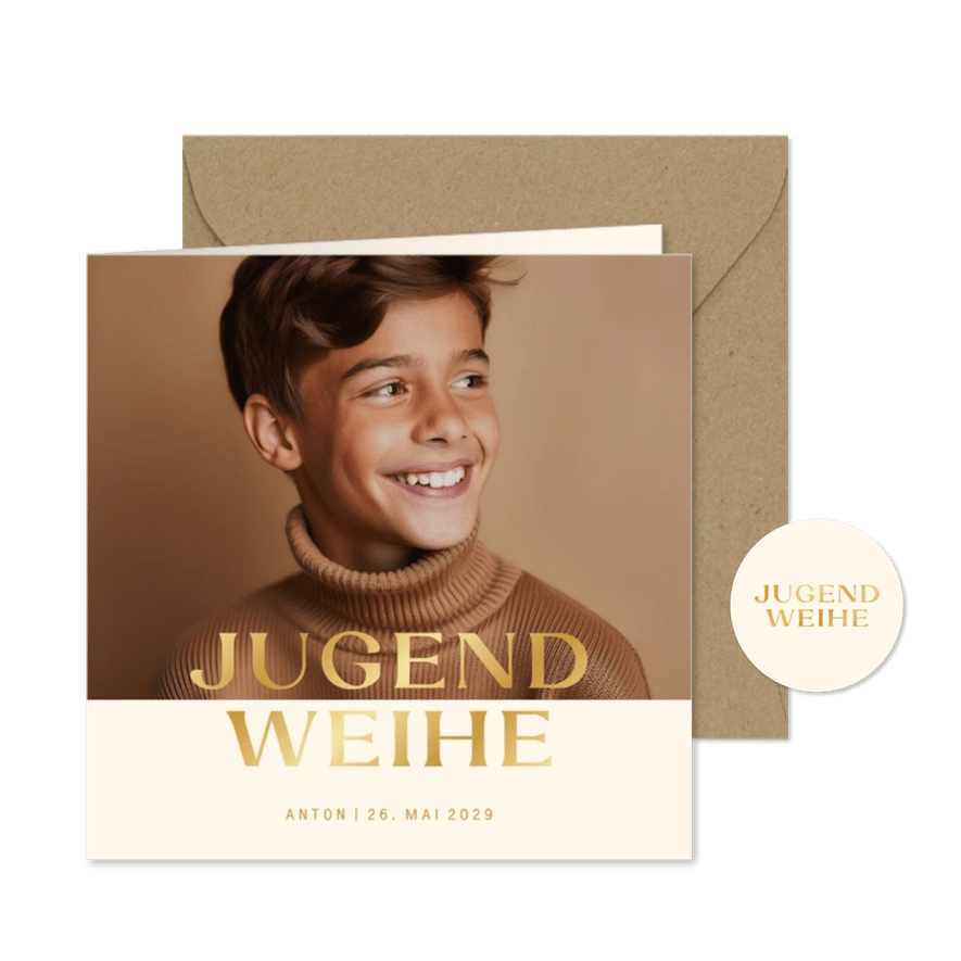 Fotokarte beige Einladung Jugendweihe schlicht - Kartenvorschau