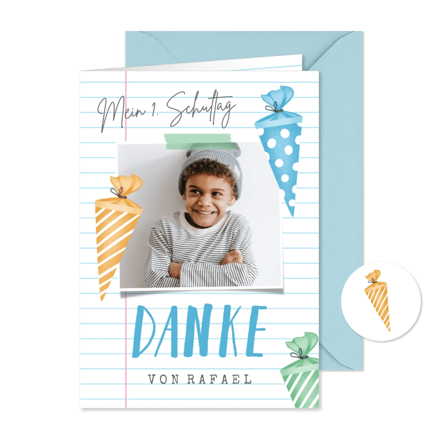 Fotokarte Danke Einschulung bunte Schultüten - Karteneindruck
