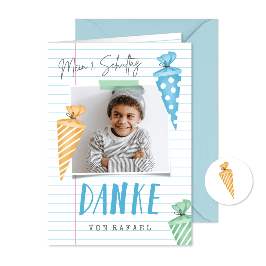 Fotokarte Danke Einschulung bunte Schultüten - Kartenvorschau
