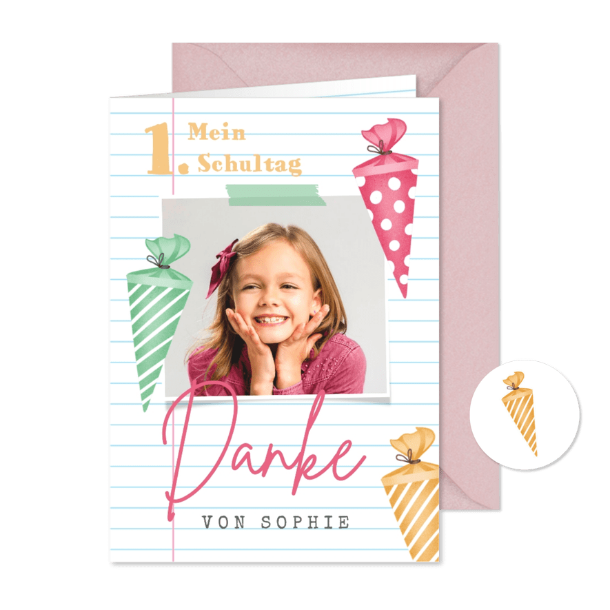 Fotokarte Danke Einschulung rosa Schultüten - Karteneindruck