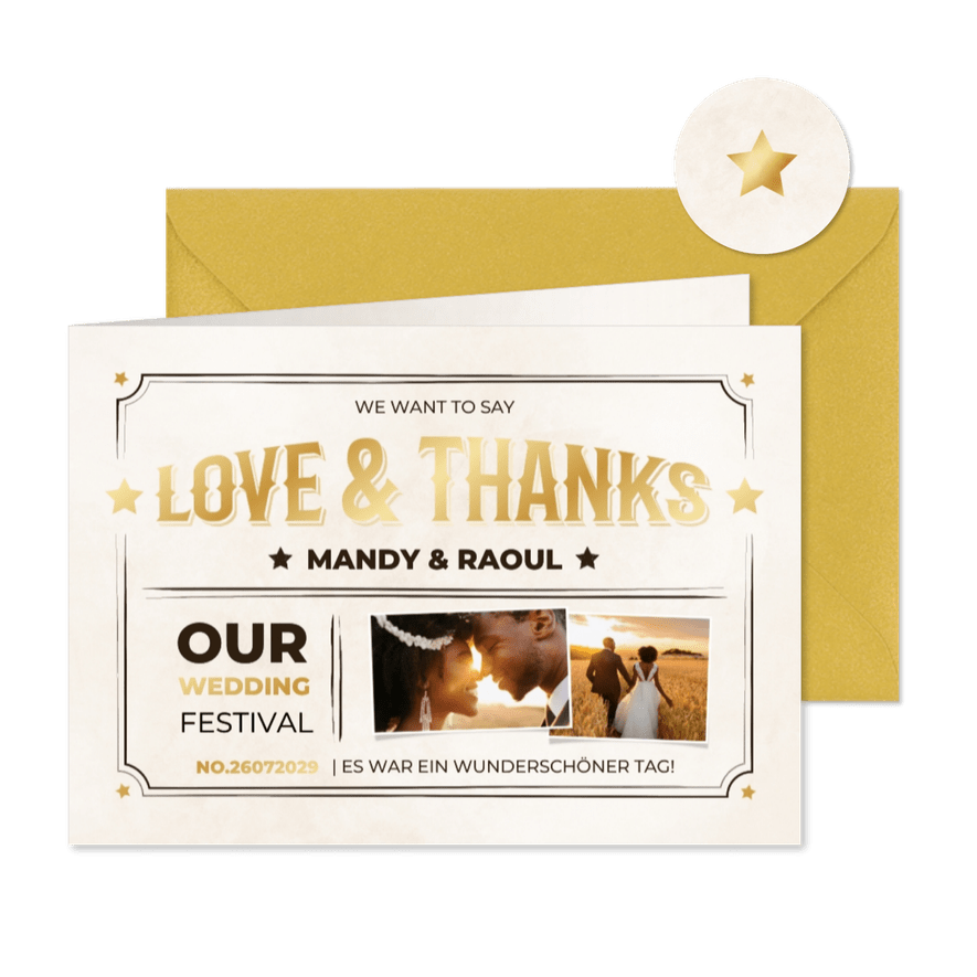 Fotokarte Danke Hochzeit Vintage-Ticket - Karteneindruck