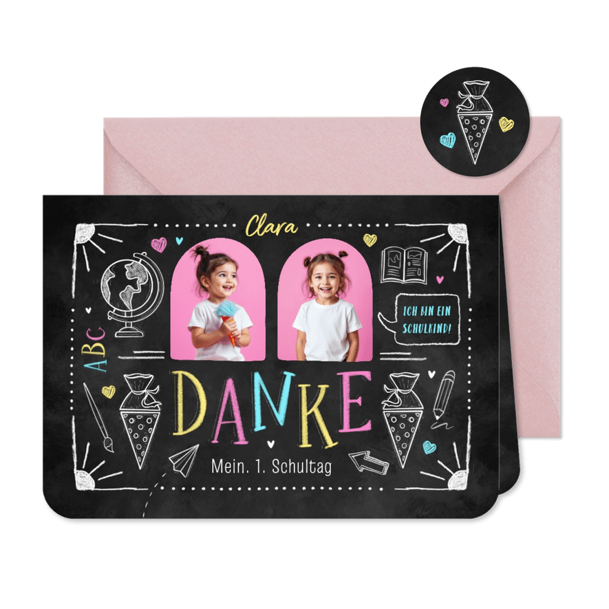 Fotokarte Danksagung Einschulung Kreide Doodle - Karteneindruck
