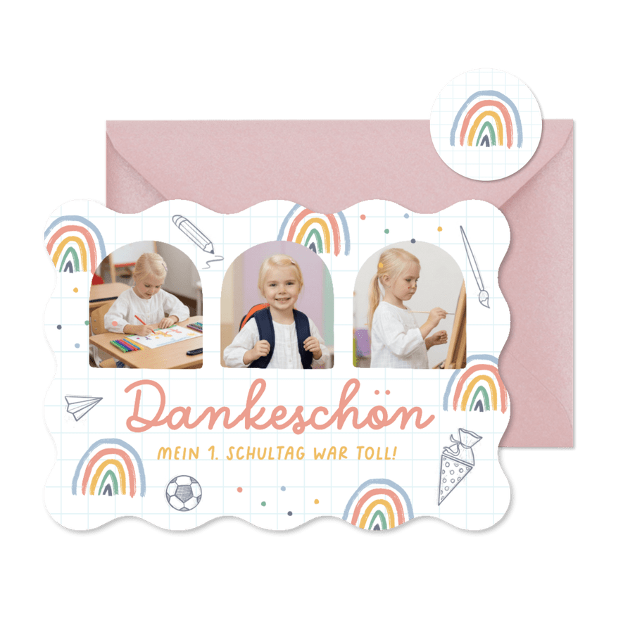 Fotokarte Danksagung Einschulung Regenbogen & Doodles - Kartenvorschau