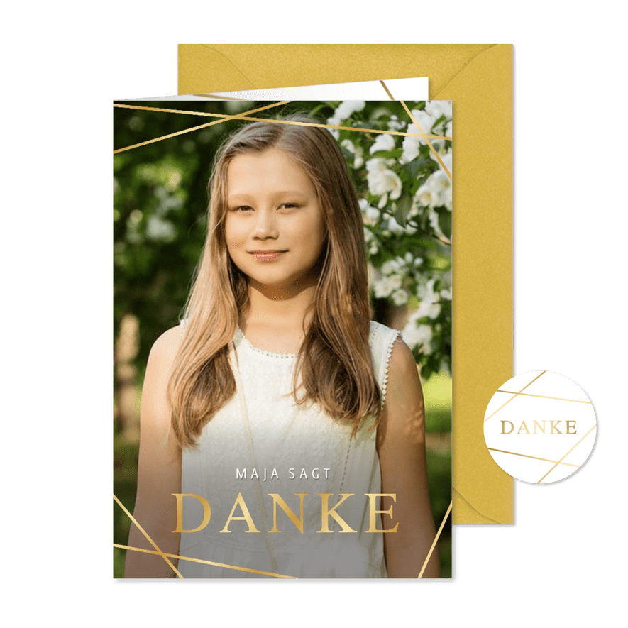 Fotokarte Danksagung Kommunion goldene Linien - Kartenvorschau