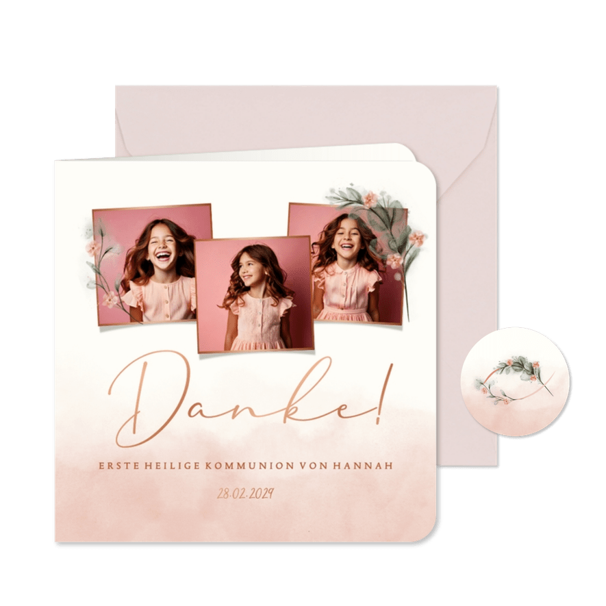 Fotokarte Danksagung Kommunion rosa Aquarell Zweige - Karteneindruck