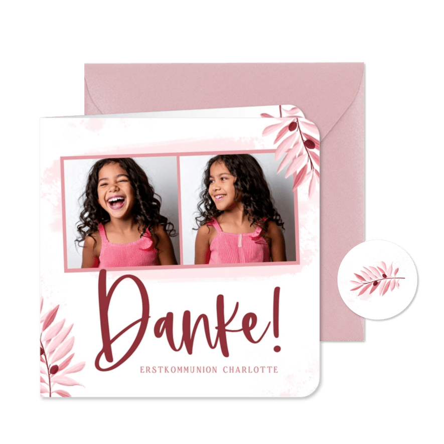Fotokarte Danksagung Kommunion rosa Olivenzweige - Karteneindruck
