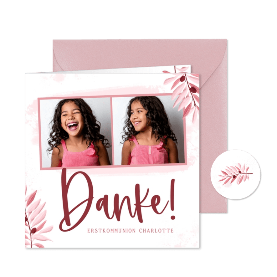 Fotokarte Danksagung Kommunion rosa Olivenzweige - Karteneindruck
