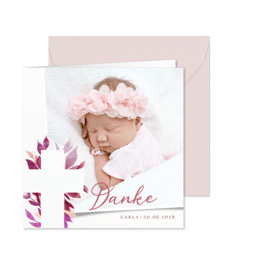 Fotokarte Danksagung pink florales Kreuz Taufe - Kartenvorschau