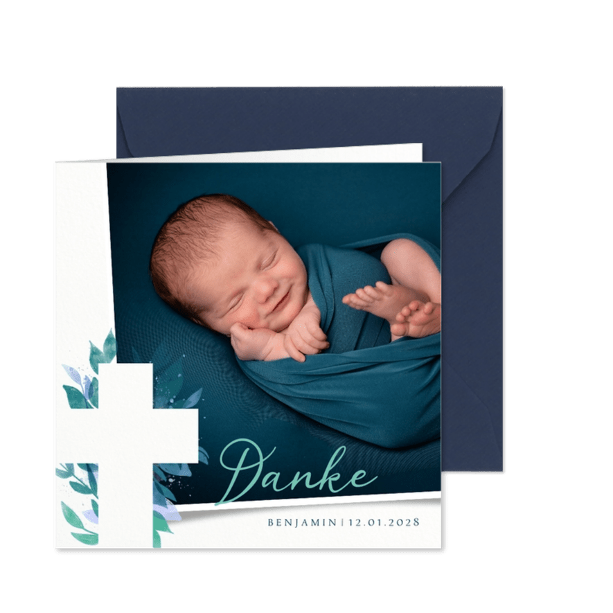Fotokarte Danksagung Taufe florales Kreuz - Karteneindruck